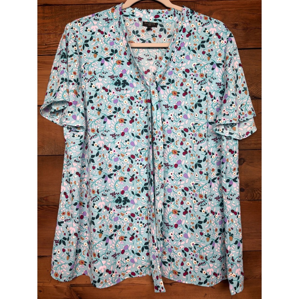 Talbots Blouse Womens 1X Floral Tie Neck Flutter Sleeve Pullover